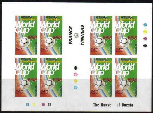 Scott #0576IFW Sheet of 8 stamps and France Winner middle label, IMPERF  ( VERY Limited Print) 1998 World Soccer Cup France Winner.