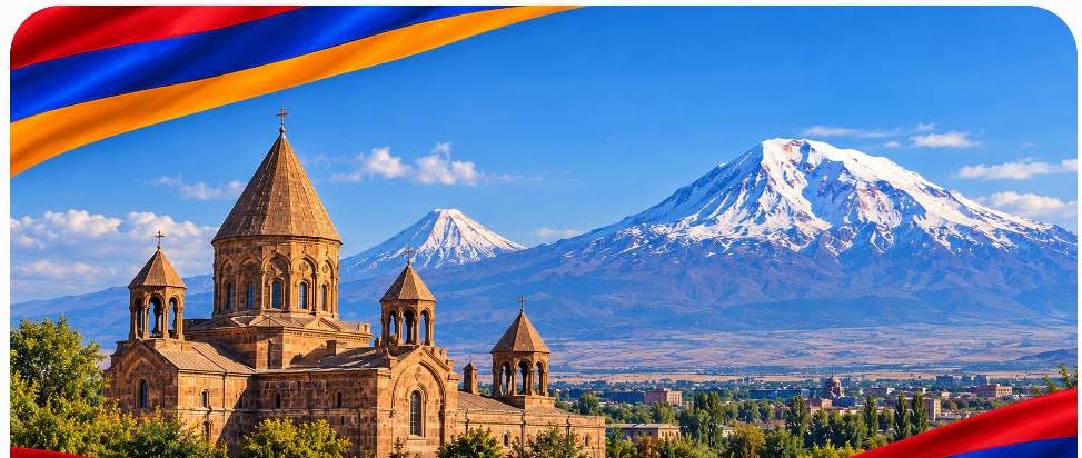 Armenian church with Mount Ararat in the background